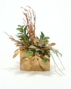 Green and Gold Sequined Poinsettia Branches in Gold Ritz Purse Vase