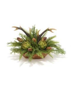 Deer Horns Mixed with Greenery in Wood Bowl