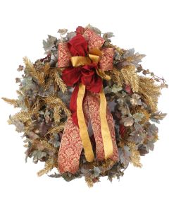 Frosted Grape Leaf Wreath with Gold Glitter Garland and Ribbon