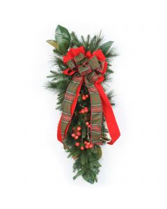 Pine Swag with Magnolia Foliage and Cherries and Christmas Plaid Ribbon