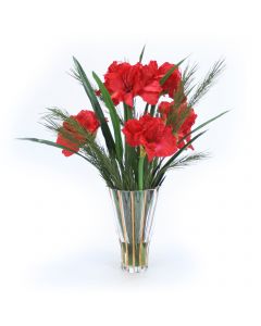 Red Amaryllis with Pine in Tall Fluted Vase