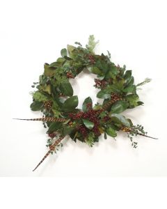 30" Magnolia Foliage Wreath with Berries and Feathers