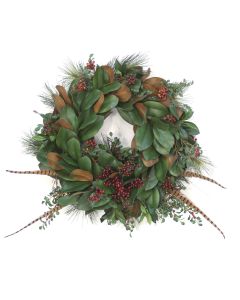 Magnolia Wreath with Pine, Berries and Feathers