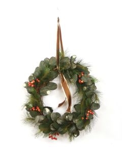 28" Magnolia Leaf and Fir Wreath with Red Berries