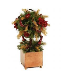 Holiday Pine Topiary Mixed with Ornaments and Ribbon in Gold Box Container