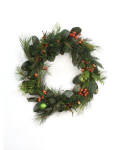 28" Magnolia Leaf and Fir Wreath with Red Berries Pine Cones and Green Ornament