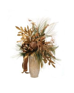 Bronze Arrangement with Pine and Gold Leaves and Bronze Accents in Tall Tan Container