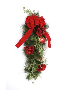 30" Green Pine Swag with Pine Cones Red Flowers Berries Ornaments and A Red Ribbon