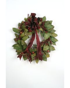 Magnolia Leaf Wreath with Crimson Berries and A Crimson Ribbon with Gold Trimming