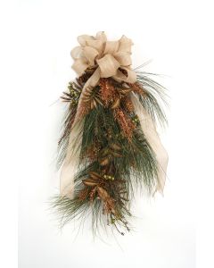 Pine Swag with Pine Cones, Gold Glittered Cypress, Green Berries Gold Leaves and Topped with A Gold Burlap Ribbon