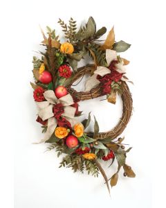 Double Fall Wreath with Feathers Red Apples Green Leafy Branches and Gold/Red Garden Flowers with Burlap and Red Ribbons
