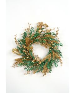 Green and Gold Glittered Wreath with Gold Berries