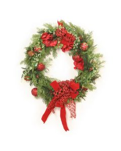 Cedar Wreath with Red and Green Ornaments and Ribbon