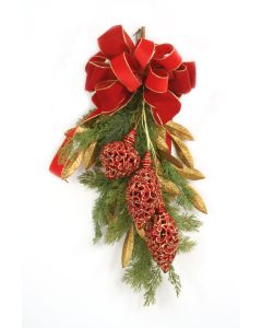 Cedar Swag with Gold Leaves Red Ornaments and A Red Bow with Gold Trim