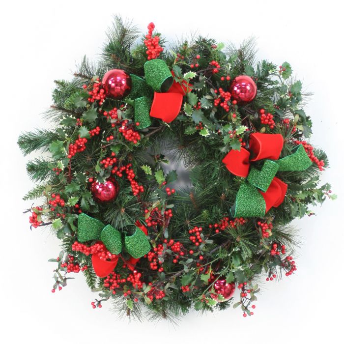 Raz Merry Christmas Red Green Wreath 4 inch Glass Decorative Christmas Ornament